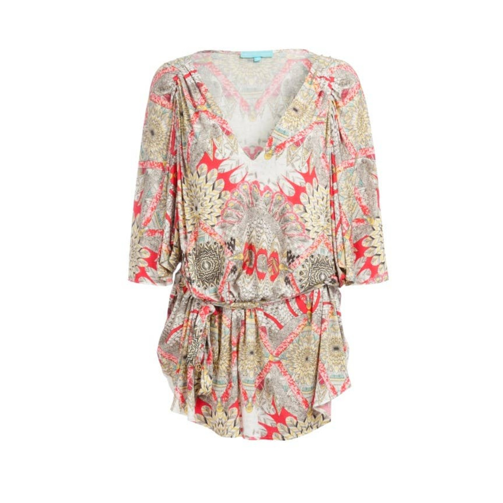 Melissa Odabash Abbey Boho Kaftan Cover Up Tunic Mini Dress Floral Feather Print